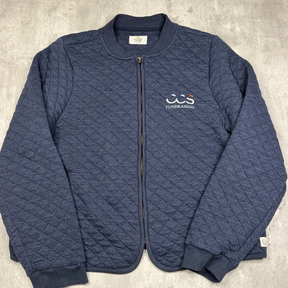 Marine Layer Women Corbet Quilted Bomber Jacket XL Blue Full Zip Logo Sweater
